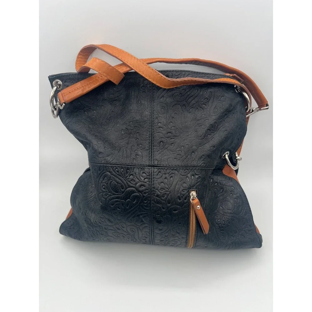 Black Embossed Faux Leather Hobo Shoulder Bag Brown Trim Large Slouchy Purse Boh